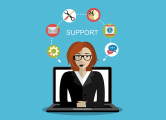 Call center agent on computer screen. Customer support, technical support, client service, online help concepts. Modern flat design graphic elements. Vector illustration