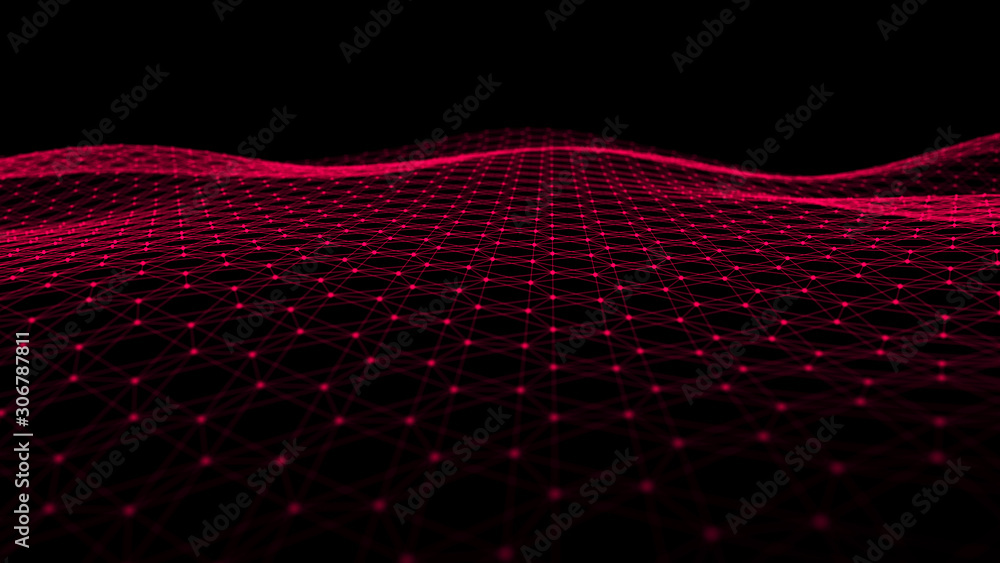 Poster Wave with the connection of points and lines on a polygonal dark background. Futuristic abstract mesh.