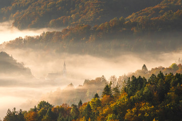 Church hidden in the middle of a misty forest.