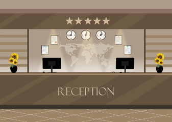 Interior of modern reception, computer, keypad, clocks, service bell. Hotel hostel guesthouse lobby, tourism concept. Vector illustration in flat design
