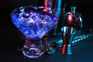 Blue Alcoholic cocktail on bar 