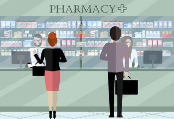 Pharmaciy. Young man and woman at the workplace in a pharmacy: standing in front of shelves with medicines.There are also visitors here. Vector illustration