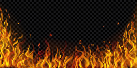Translucent fire flames and sparks on transparent background. For used on dark illustrations. Transparency only in vector format - obrazy, fototapety, plakaty