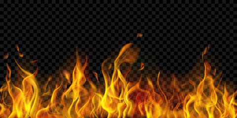 Translucent fire flames and sparks with horizontal repetition on transparent background. For used on dark illustrations. Transparency only in vector format - obrazy, fototapety, plakaty