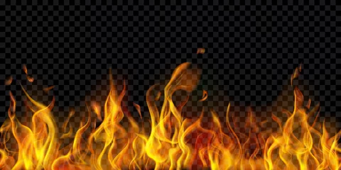 Fotobehang Translucent fire flames and sparks with horizontal repetition on transparent background. For used on dark illustrations. Transparency only in vector format © Olga Moonlight