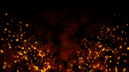 Burning red hot flying sparks fire in the night sky. Beautiful abstract background flying wing...