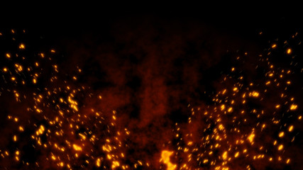Burning red hot flying sparks fire in the night sky. Beautiful abstract background flying wing shape on black background.