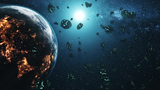 Meteor shower flying through solar system to Earth. Asteroid rock collision. Realistic Planet globe and Sun on background. 3d render animation. Science concept. 4K. Element of media furnish by NASA