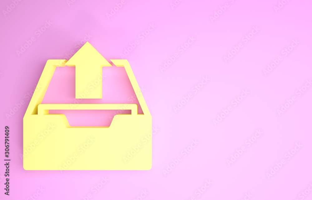 Poster yellow upload inbox icon isolated on pink background. extract files from archive. minimalism concept