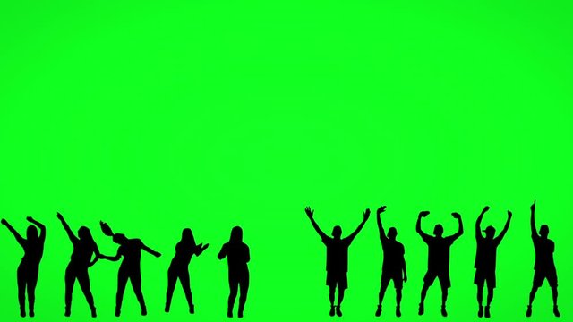 Silhouette of dancing people on green screen.