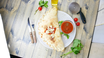 Calzone on a restaurant table