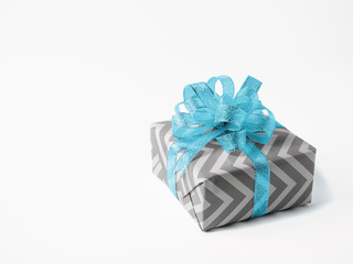 Surprise gift with blue bow on white background. Isolate.