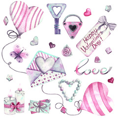 Watercolour romantic and love set pink hand drawn elements.  happy valentine's day gemstone and hearts with diamond, candles, letters background.