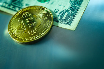 Bitcoin versus dollars, negative copy space.