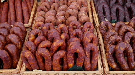 Various types of chorizo ​​from Spain and Portugal at a farmbacon, meat, sausage, chorizo,...