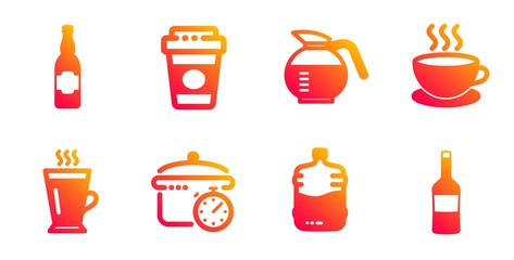 Boiling pan, Takeaway coffee and Beer bottle line icons set. Coffeepot, Cappuccino and Cooler bottle signs. Latte, Wine symbols. Cooking timer, Latte drink. Food and drink set. Vector