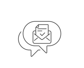 Approved mail line icon. Chat bubble design. Accepted or confirmed sign. Document symbol. Outline concept. Thin line approved mail icon. Vector