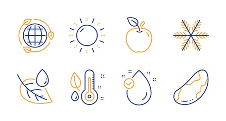 Snowflake, Sun energy and Thermometer line icons set. Apple, Eco energy and Vitamin e signs. Leaf dew, Brazil nut symbols. Air conditioning, Solar power. Nature set. Line snowflake icon. Vector