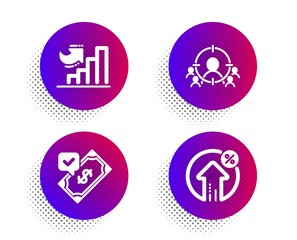 Business targeting, Growth chart and Accepted payment icons simple set. Halftone dots button. Loan percent sign. People and target aim, Diagram graph, Bank transfer. Growth rate. Finance set. Vector