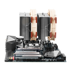 Modern gaming motherboard with two-sectional radiator of cpu cooler with fans, isolated on white background
