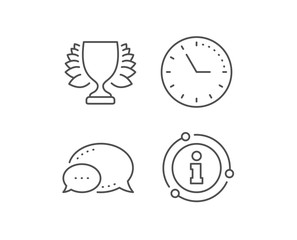 Award cup line icon. Chat bubble, info sign elements. Winner Trophy with Laurel wreath symbol. Sports achievement sign. Linear winner outline icon. Information bubble. Vector