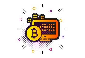 Obraz premium Cryptocurrency monitor sign. Halftone circles pattern. Bitcoin icon. Crypto money symbol. Classic flat bitcoin system icon. Vector