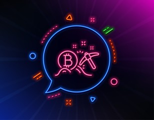 Bitcoin mining line icon. Neon laser lights. Cryptocurrency coin sign. Crypto money pickaxe symbol. Glow laser speech bubble. Neon lights chat bubble. Banner badge with bitcoin mining icon. Vector