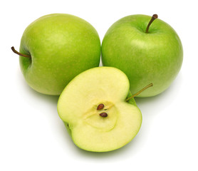Green apples whole and half isolated on white background. Creative idea fruit juice and drink. Top view, flat lay