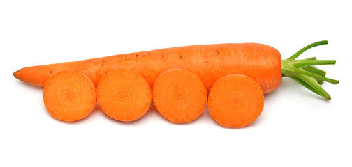 Carrot whole and sliced isolated on white background. Creative healthy food concept. Nature, juice. Top view, flat lay