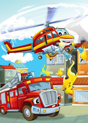 cartoon scene with different fire fighter machines helicopter and fire brigade truck illustration for children