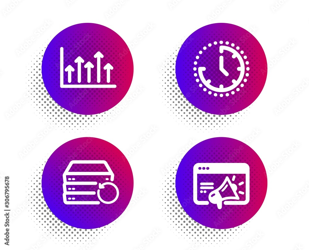 Aufkleber recovery server, growth chart and time icons simple set. halftone dots button. seo marketing sign. b
