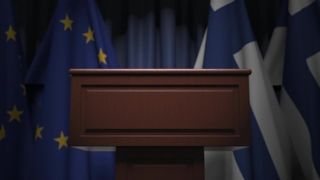 Flags of the EU and Finland and speaker podium tribune. Political event or negotiations related conceptual 3D animation