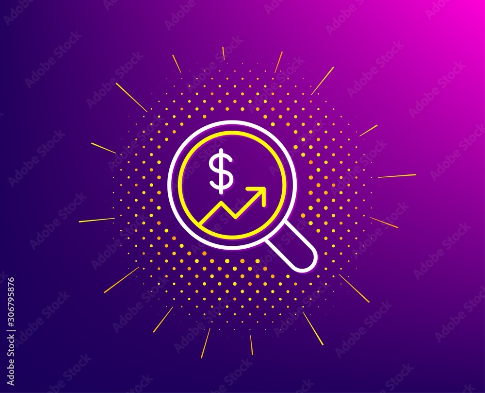 Poster business audit or statistics line icon. halftone pattern. analytics with charts symbol. search magni