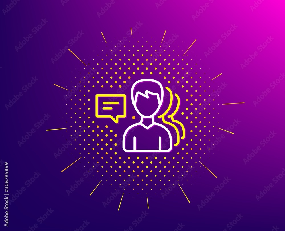 Poster group of men line icon. halftone pattern. human communication symbol. teamwork sign. gradient backgr