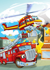 cartoon scene with different fire fighter machines helicopter and fire brigade truck illustration for children