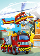 cartoon scene with different fire fighter machines helicopter and fire brigade truck illustration for children