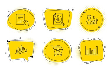 Business growth, Add products and Column chart signs. Chat bubbles. Analytics graph, Growth chart and Document line icons set. Sale diagram, File with diagram, Earnings results. Shopping cart. Vector