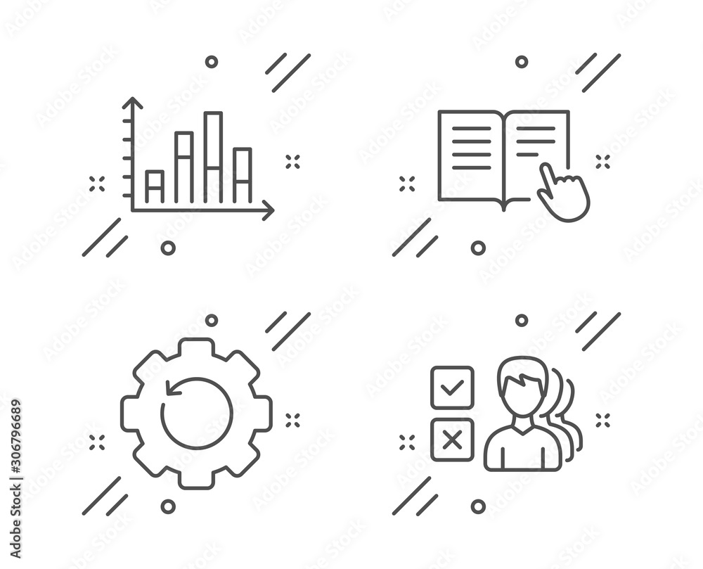 Poster read instruction, diagram graph and recovery gear line icons set. opinion sign. opened book, present