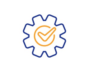 Engineering tool sign. Cogwheel with check line icon. Cog gear symbol. Colorful outline concept. Blue and orange thin line cogwheel icon. Vector