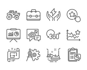 Set of Technology icons, such as Cogwheel dividers, Portfolio, Bumper cars, Accounting, Loyalty star, Spanner, Tractor, Ranking stars, Architectural plan, Presentation, Full rotation. Vector
