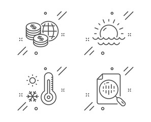 Weather thermometer, Sunset and World money line icons set. Analytics chart sign. Temperature, Sunny weather, Global markets. Report analysis. Science set. Vector