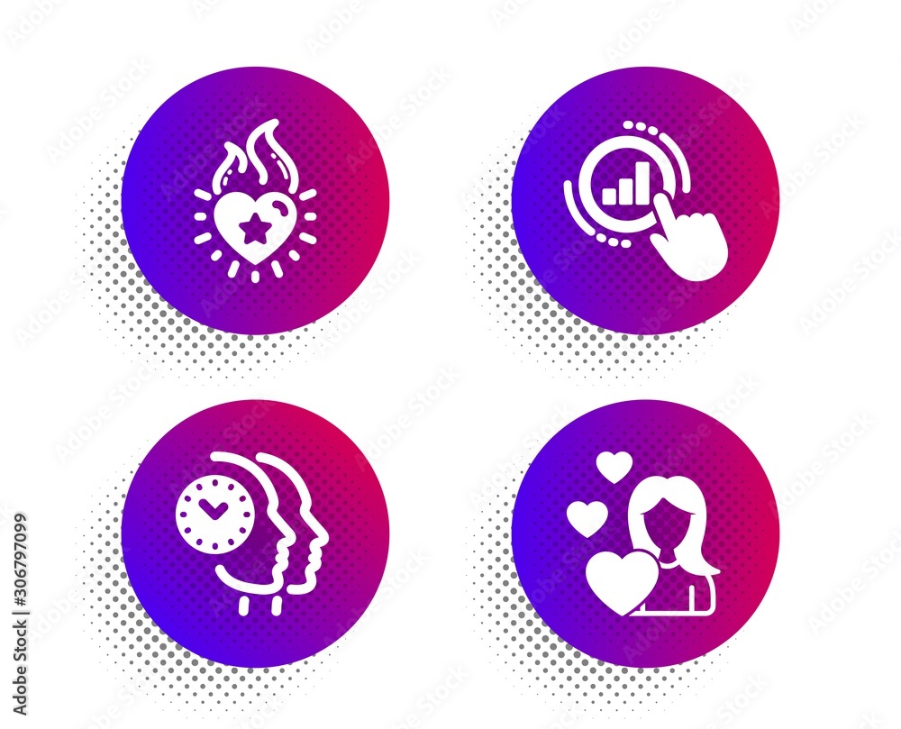 Poster graph chart, heart flame and time management icons simple set. halftone dots button. love sign. get 