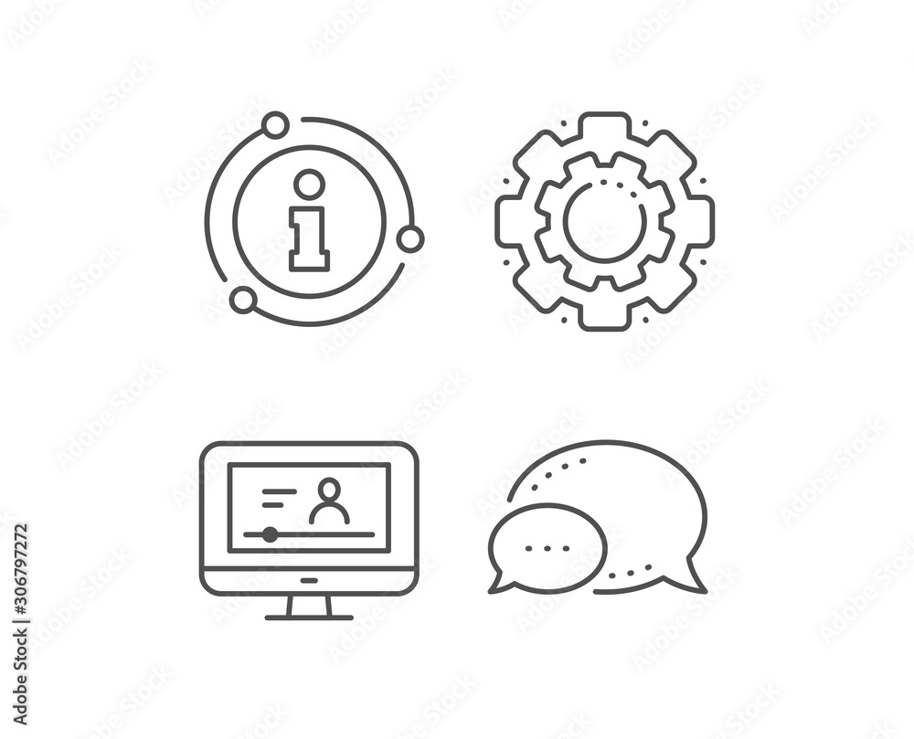 Poster online video education line icon. chat bubble, info sign elements. computer with online lecture sign