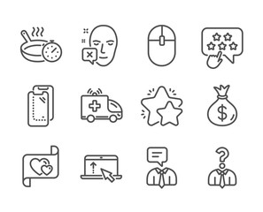 Set of Business icons, such as Hiring employees, Computer mouse, Frying pan, Love letter, Money bag, Ambulance car, Face declined, Smartphone glass, Star, Swipe up, Support service. Vector