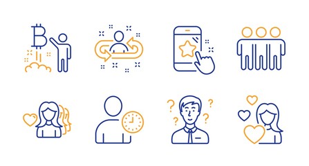 Bitcoin project, Star rating and Time management line icons set. Friendship, Support consultant and Woman love signs. Recruitment, Love symbols. Cryptocurrency startup, Phone feedback. Vector