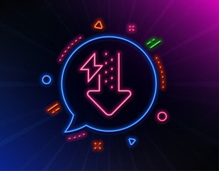 Energy line icon. Neon laser lights. Thunderbolt sign. Power consumption symbol. Glow laser speech bubble. Neon lights chat bubble. Banner badge with energy drops icon. Vector