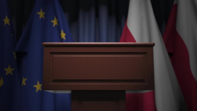 Flags of the EU and Poland and speaker podium tribune. Political event or negotiations related conceptual 3D animation
