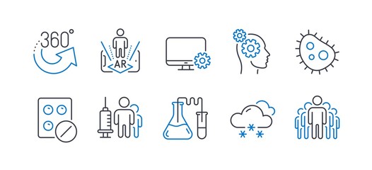 Set of Science icons, such as Monitor settings, 360 degrees, Augmented reality, Thoughts, Snow weather, Chemistry lab, Medical tablet, Medical vaccination, Bacteria, Group line icons. Vector