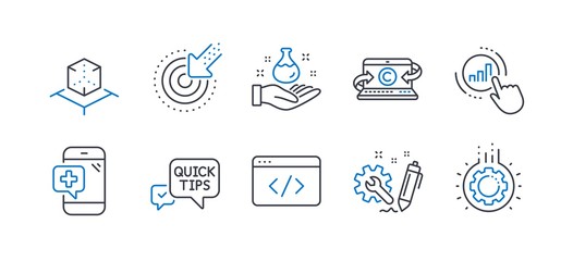 Set of Science icons, such as Targeting, Augmented reality, Copywriting notebook, Medical phone, Seo script, Graph chart, Chemistry lab, Quick tips, Engineering, Gear line icons. Vector