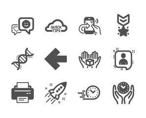 Set of Technology icons, such as Smile, Quick tips, Safe time, Printer, Startup rocket, Fast delivery, Hold box, Winner medal, Chemistry dna, Developers chat, Left arrow, Share call. Vector